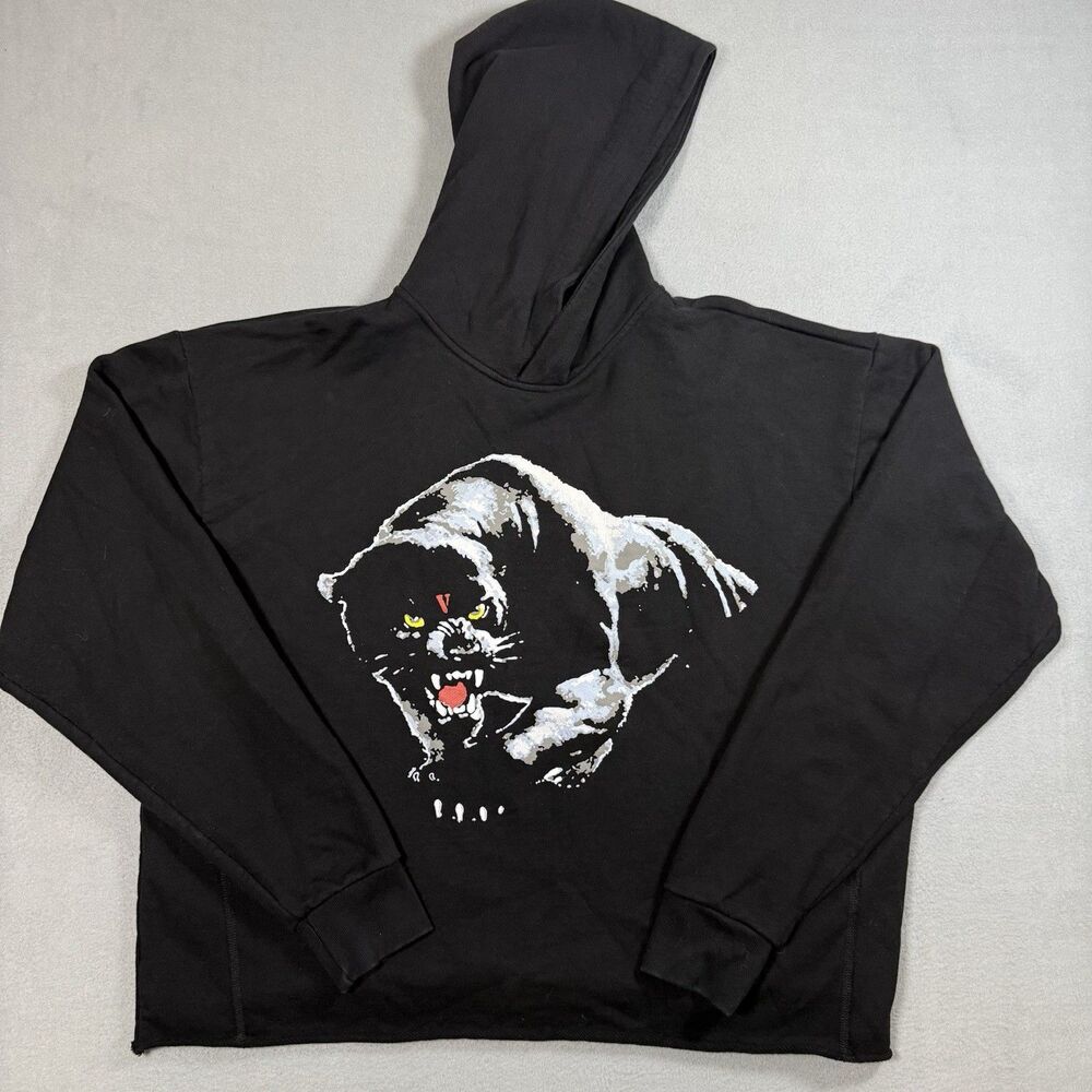 Vlone Panther Hoodie Mens L Black Cropped Raw Hem V Claw Scratch Back Logo
